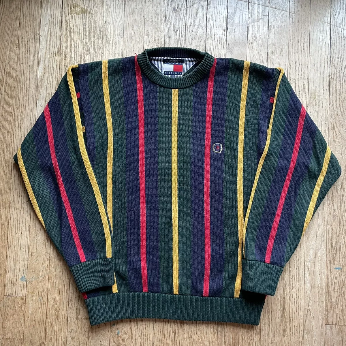 Vtg Tommy Hilfiger Sweater Mens Size L Stripes Heavy Knit Vintage Cotton 90s OG