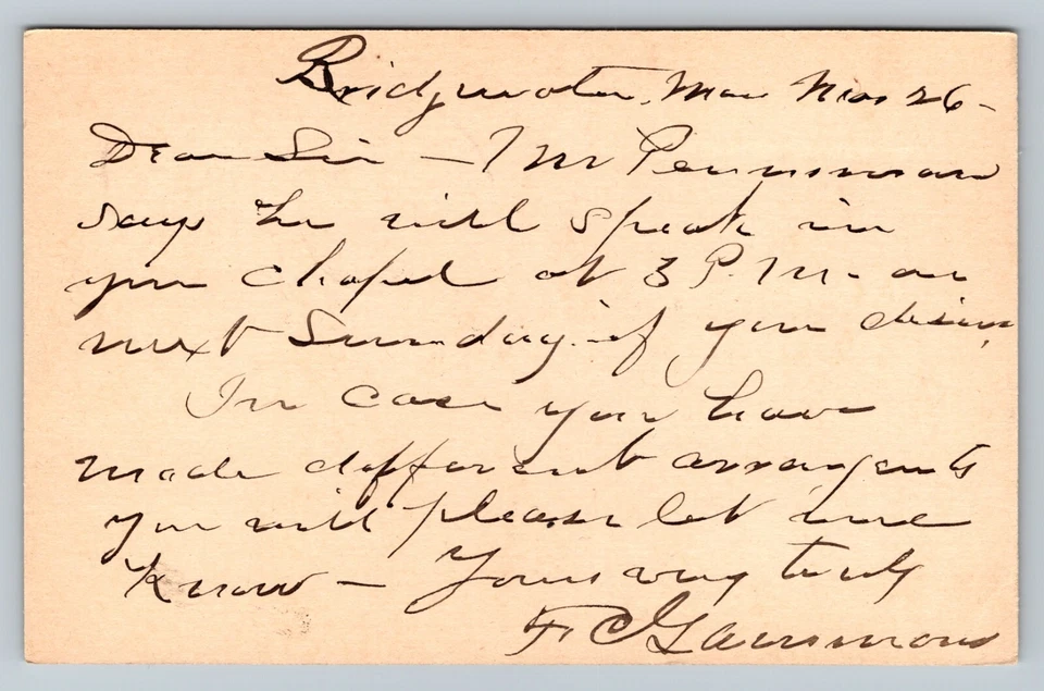 ANTIQUE 1895 Postal Card Bridgewater To State Farm MA - He Will Speak At Chapel - Image 2 of 2