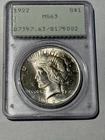 1922 Peace Dollar MS63 Silver $1 Graded US Coin Old Holder