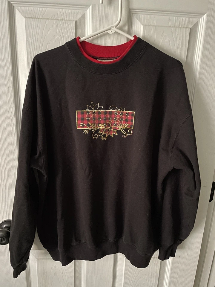 Sudadera Vintage Negra Cuello Redondo Búfalo Cuadros Negra/Roja Poinsettia Talla 1X Foto 2 de 4