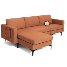 Modular L-shaped Sectional Sofa w/ Seat Cushion & Socket & 2 UBS Ports Orange