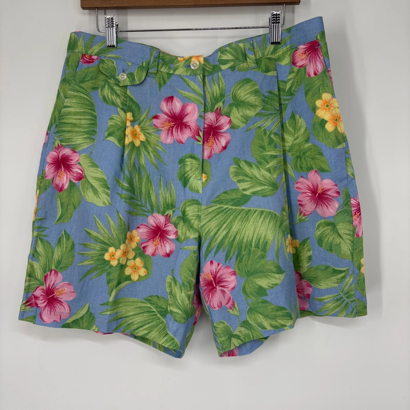 Lauren Ralph Lauren Blue Floral Hibiscus 100% Linen Pleated Shorts 16 Resort