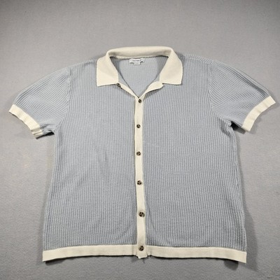 Cotton On Men's Blue Pablo Short Sleeve Shirt Loose Fit Knitted Button Up Large