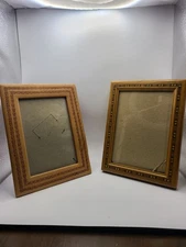 2 Handcrafted Picture Frames, Tooled Leather, Wood Marquetry 5X7 photo STUNNING