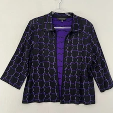 Ming Wang Jacket Large Black Purple Knit Open Front 3/4 Sleeve Office Career