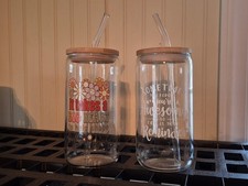 Set Of 2 16oz Iced Coffee Glass Tumbler Cup with Lid Straw