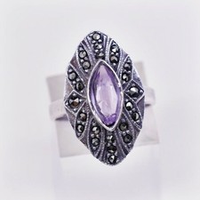 Sz 6.25, Vtg Sterling Silver handmade Ring, 925 W/ Marquise amethyst n marcasite