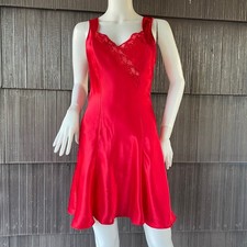 Vintage Y2K Red Lipstick Silky Luxe Satin Lace Sweetheart Neck Slip Nightgown M
