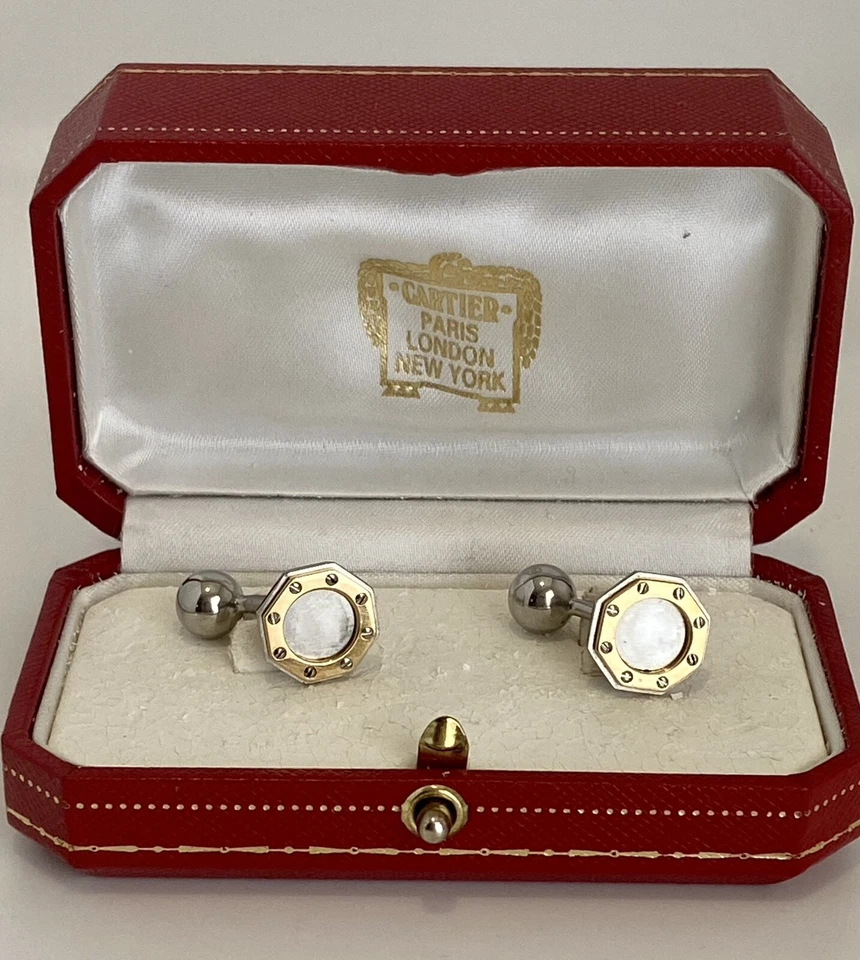 Gemelos Cartier Santos Oro 18k Acero Forma Octágono Motivos Tornillo Bola Foto 2 de 4