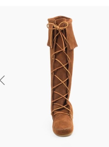 Minnetonka Lace Up Fringe Knee High Brown Suede Boots Women's size 7-MSRP $113 - Picture 3 of 9