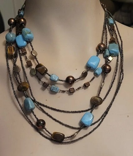 Vintage Chicos Multi Strand Tigers Eye Faux Turquoise Necklace - Picture 3 of 23