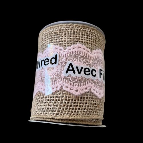 Jute Wired Burlap With Light Pink Lace 3.5” Wide Inches 3 Yards