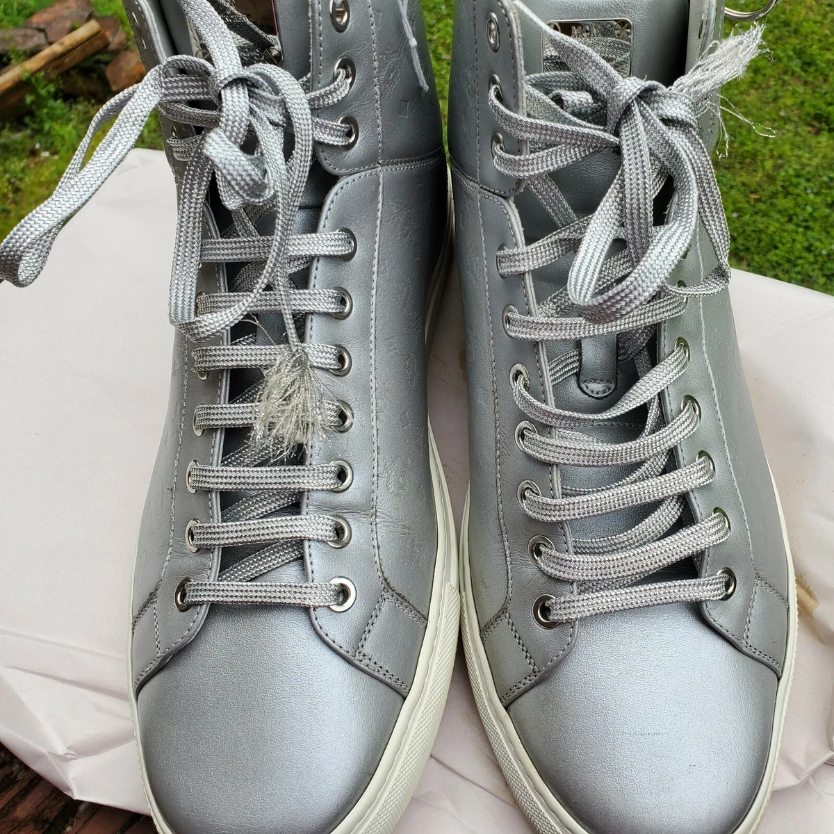 MCM Men Silver Leather Visetos Hi Top Sneakers Size 46 US 13