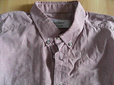 JEAN CHATEL beautiful plaid short sleeve shirt burgundy white size L TOP (KB914)