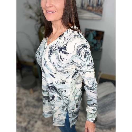 Floaty V Neck Textured Jacquard Marble Print Boxy Long Sleeve Split Side Blue - Bild 9 von 14