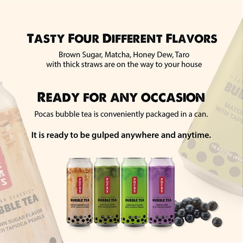 Pocas Bubble Tea with Tapioca Pearls, Variety Pack 8 can(16.5oz) BOBA TEA - Picture 3 of 5