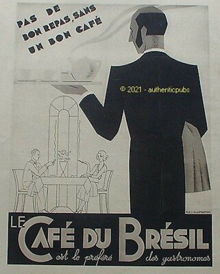 ADVERTISEMENT CAFE DU BRAZIL NO GOOD MEAL WITHOUT COFFEE BARTENDER WAITER 1936 AD