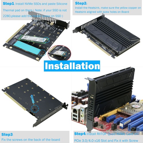 Quad NVMe Adattatore PCIe, 4 Porte NVMe a PCI-e 4.0/3.0 x16 Scheda Controller Espandi - Foto 5 di 8