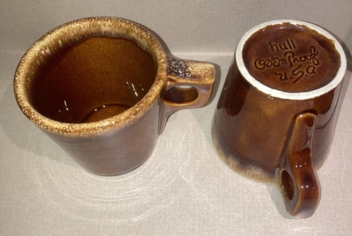 Two Vintage Hull Pottery Brown Drip Glaze Oven Proof USA Coffee Cup Mug