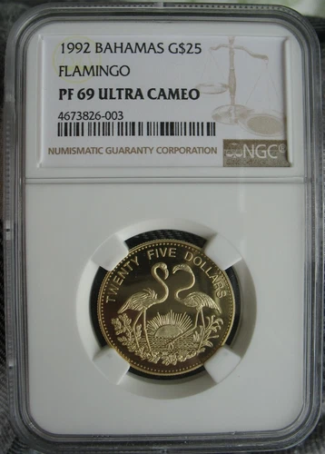Bahamas 1992 Gold 25 Dollars NGC PF-69 Ult.Cameo Flamingo 