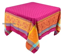 French Provencal Jacquard Woven Tablecloth Flowers Fuchsia 63X63