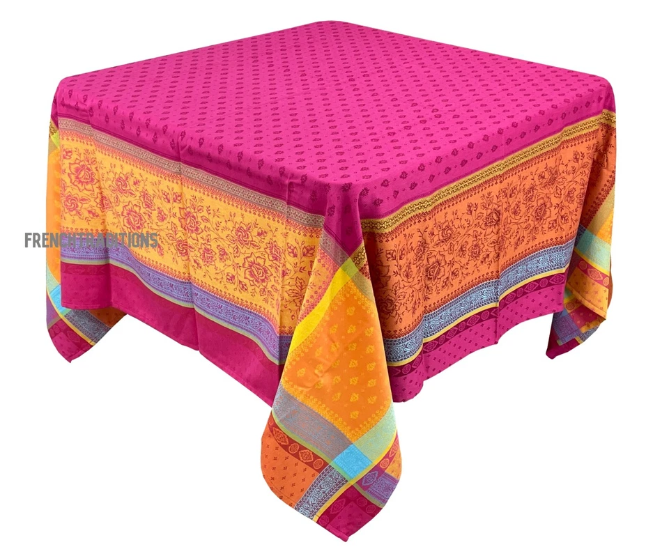 TISSUS TOSELLI French Provencal Jacquard Woven Tablecloth Flowers Fuchsia 63X63