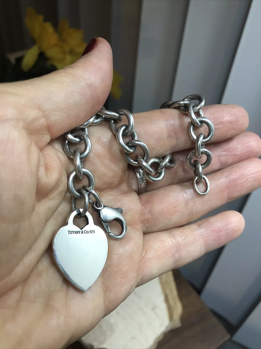 Tiffany & Co 925 Sterling Silver Heart Tag Chain Link Bracelet 36g, 7
