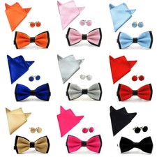 Men's Satin Pre-tied Bowtie Hanky Handkerchief Pocket Square Cufflinks Set
