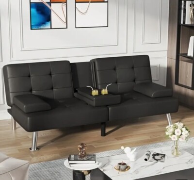 Black Faux Leather Sofa Futon With Cup Holder Two Throw Pillows