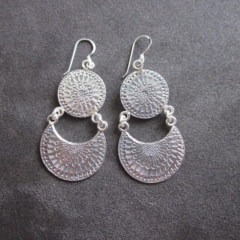 FINE SILVER EARRINGS 925 STERLING LONG TWIN LAYERS CRAFT TRIBAL TRADITIONAL - Image 3 of 4