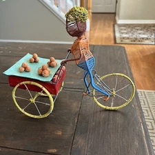 African Bicycle Peddler Telephone Wire Art Orange Cart Bicycle Peddler Cart