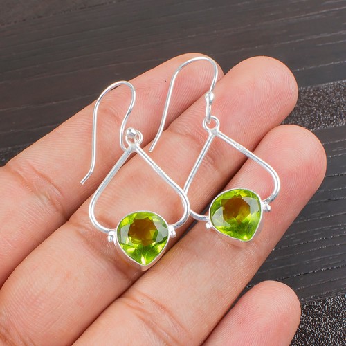 Peridot Gemstone Dangle Earrings 925 Sterling Silver Handmade Jewelry Women Gift - Picture 4 of 5