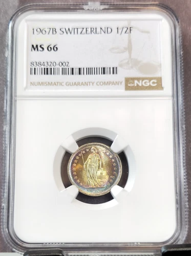 1967 SWITZERLAND SILVER 1/2 FRANC HELVETIA NGC MS 66 SPECTACULAR COLOR TONING