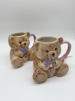 Simple & Sweet Bear Figural Mug Set Ceramic Purple & Pink Handles 28oz