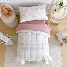 Joyreap 4 Piece Cotton Toddler Bedding Set for Girls, Flower Stripes Boho Design