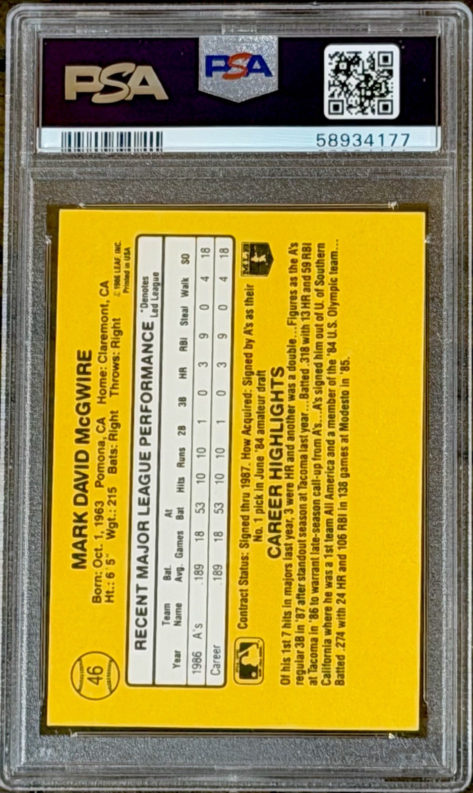 1987 Donruss #46 Mark McGwire Signed ROOKIE Card RC “Iconic Card” PSA 10 AUTO 10 view 2