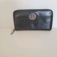 Tory Burch Solid Black Cowhide Leather Zip Around Large Wallet Long Clutch Logo