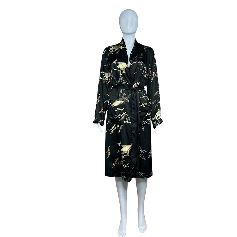 Aritzia Wilfred Estampado Pilier Kimono Chaqueta Bata Satinada XS Peces Pájaros Cinturón Foto 2 de 4