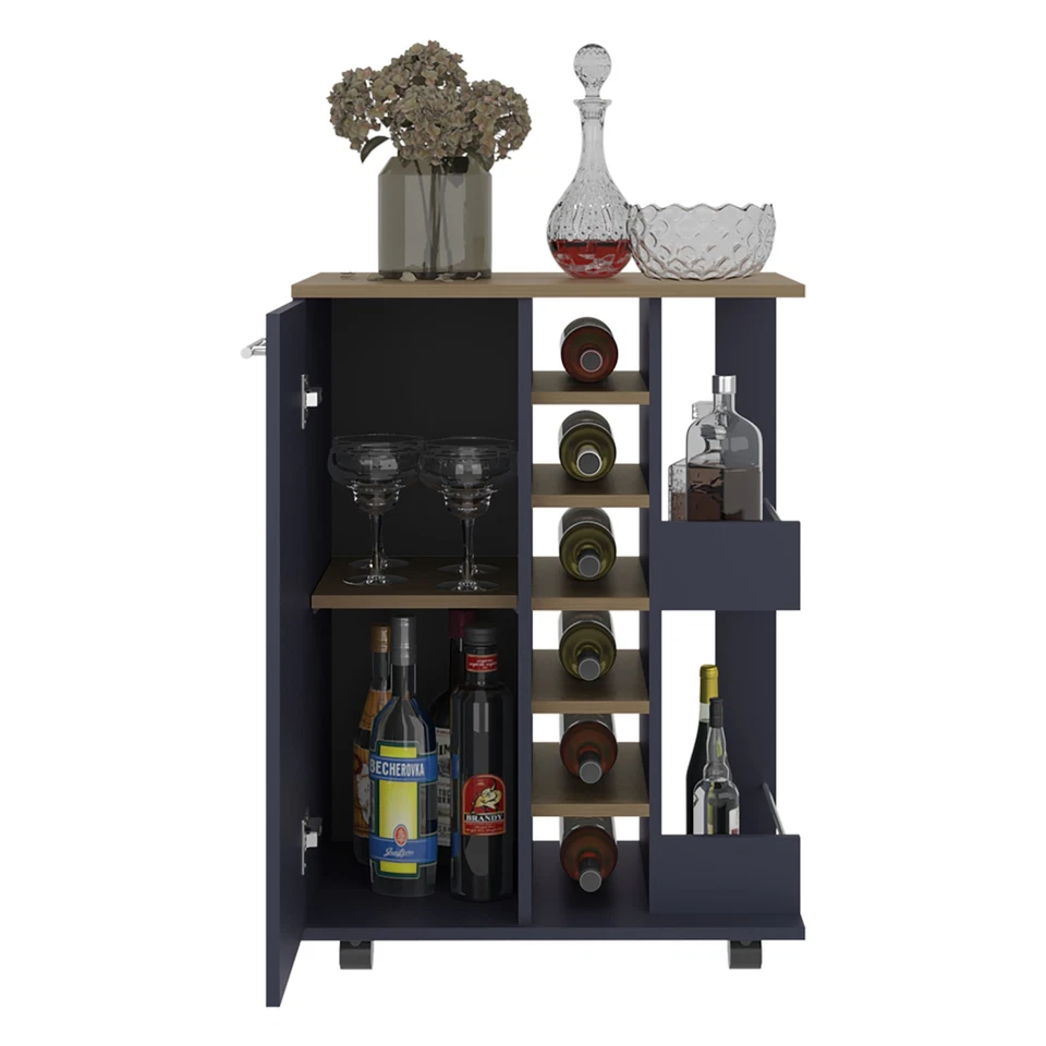 Carro Bar 32.3" H, 1 Puerta, 10 Estantes, Azul Alby / Roble Natural - Sala de estar Foto 3 de 4