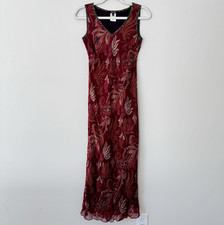 Vintage Karen Kane Y2K Silk Blend Paisley Midi Dress, Leopard Trim, Maroon – XS