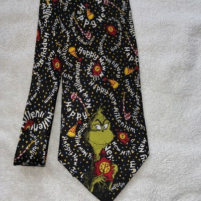 Dr. Seuss The Grinch Happy New Millenium Vintage Necktie 58.5'' X 4'' Black Clock