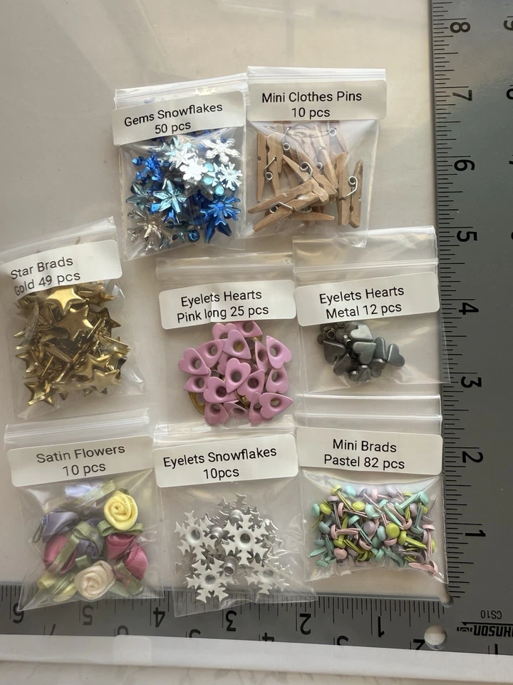 248 pieces EMBELLISHMENTS Lot Stars Snowflakes Hearts FLowers Brads Clothes Pin - Image 3 of 4