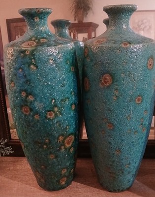 Lot Of 2 Volcanic Lava Glaze Vase Turquoise Blue Textured Glaze Peacock 19'' REA''