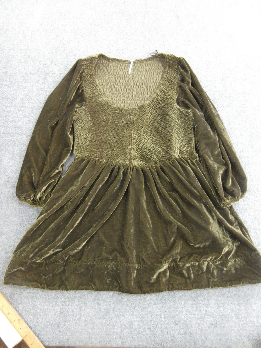 Free People Dress Womens M Green Velvet Smocked Fit Flare Scoop Neck Long  Sleeve | eBay