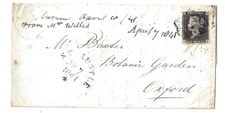 GB QV PENNY BLACK Pl.3 PF on COVER ST AUSTLE SKELETON to BOTANIC GARDENS OXFORD