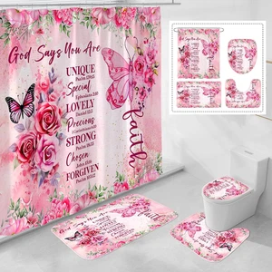 4 Pcs Pink Butterfly Inspirational Quotes Shower Curtain Set with Rugs and Toile - Picture 1 of 12
