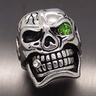MENS Huge Silver Skull Green Eye Cigar CZ 316L Stainless Steel Biker Ring