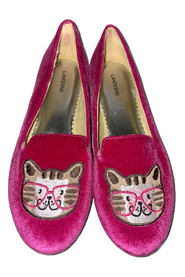 Lands End Girls Sz 3M Hot Pink Velvet Cat Slip On Flats Kitty Wearing Glasses