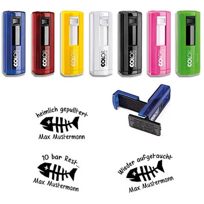 Taucher- Logbuchstempel Colop Plus 30 Fischgräte Bone versch.Farben & Sprüche 01