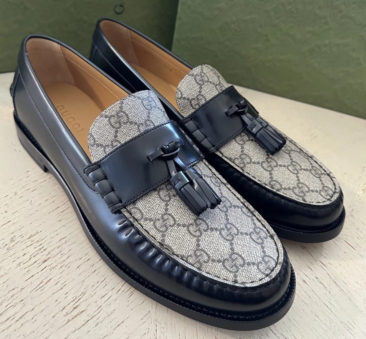 Chaussures mocassins en cuir Gucci homme logo GG noir/beige 14 US/13 UK neuves 673817